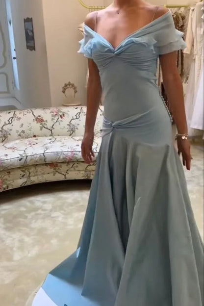 Robe de bal longue sirène élégante en mousseline bleue à épaules dénudées, modèle AB579