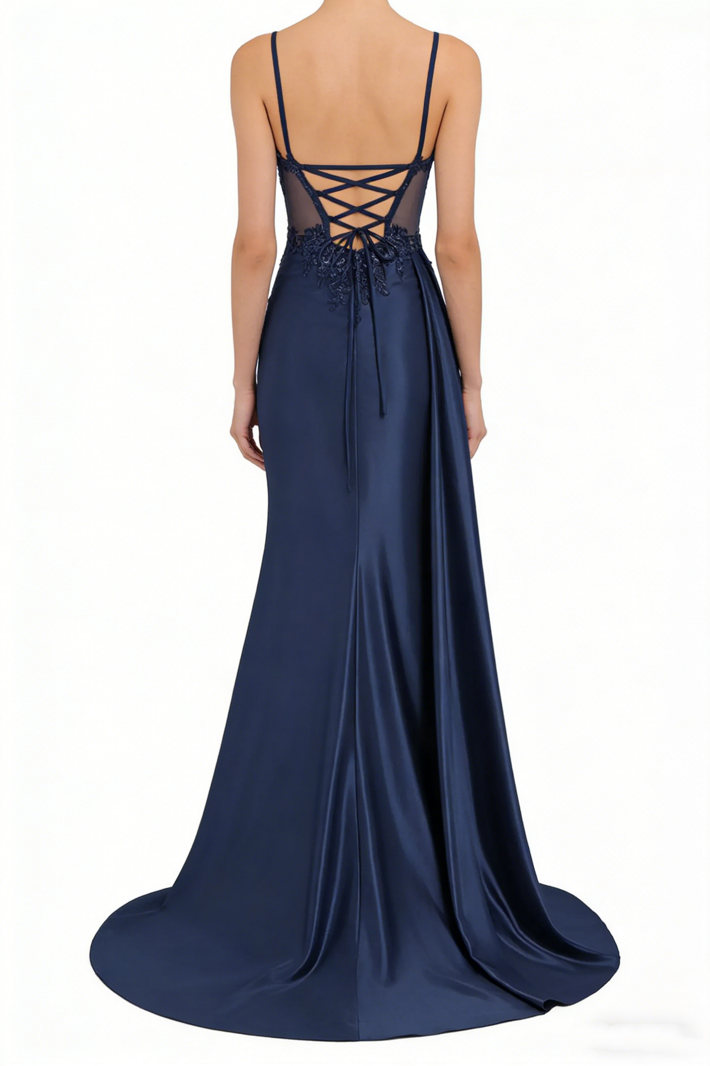 Robe de bal longue sirène en satin à fines bretelles, robe de soirée corsetée avec fente AB683