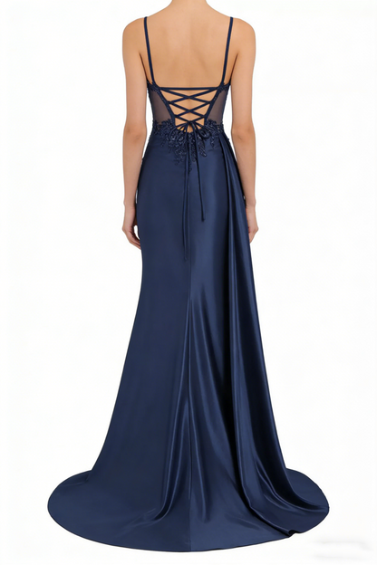 Robe de bal longue sirène en satin à fines bretelles, robe de soirée corsetée avec fente AB683