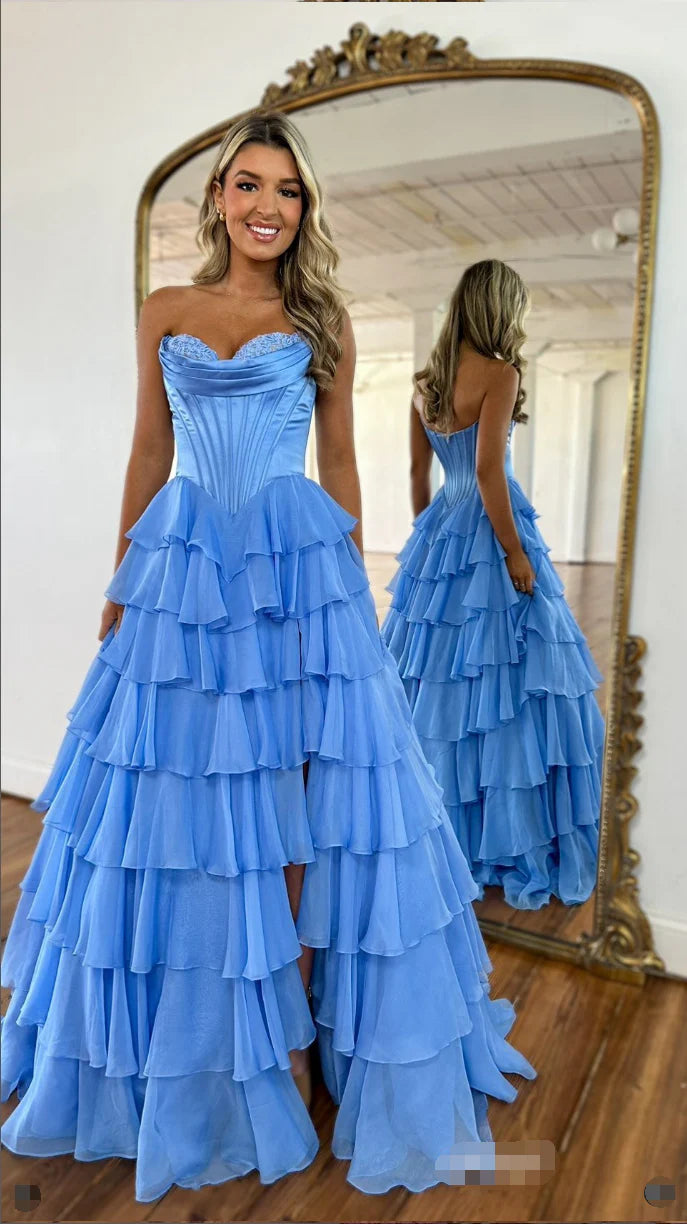 A line Dark Navy Strapless Pleated Prom Dresses With Ruffle Evening Dress AB687
