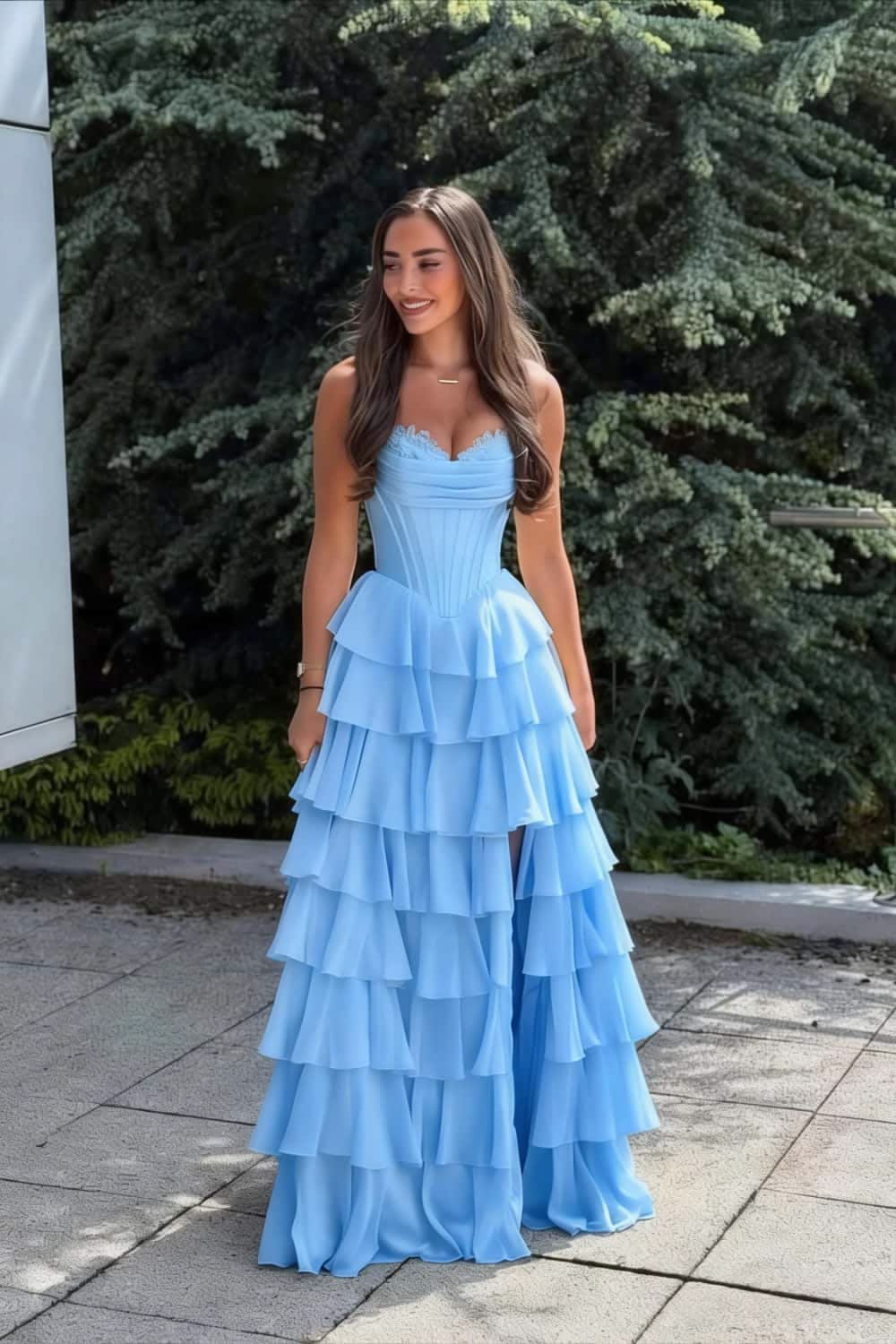 A line Dark Navy Strapless Pleated Prom Dresses With Ruffle Evening Dress AB687