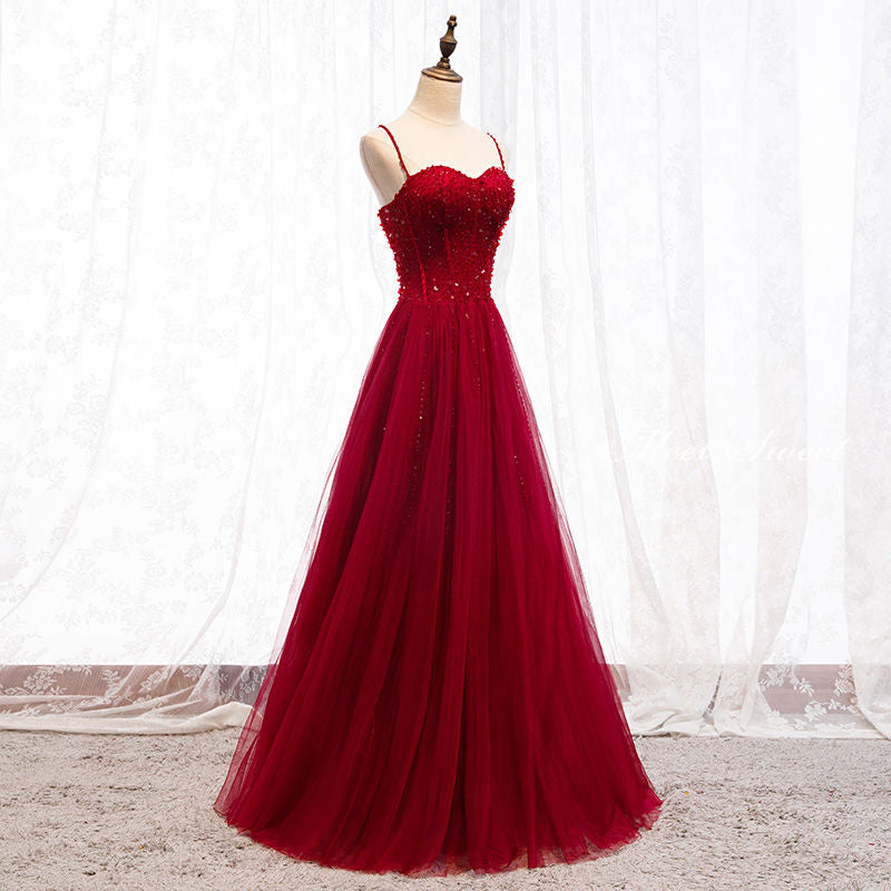 Straps Dark Red Beaded Sweetheart Long Formal Dress, Junior Prom Dress AB703