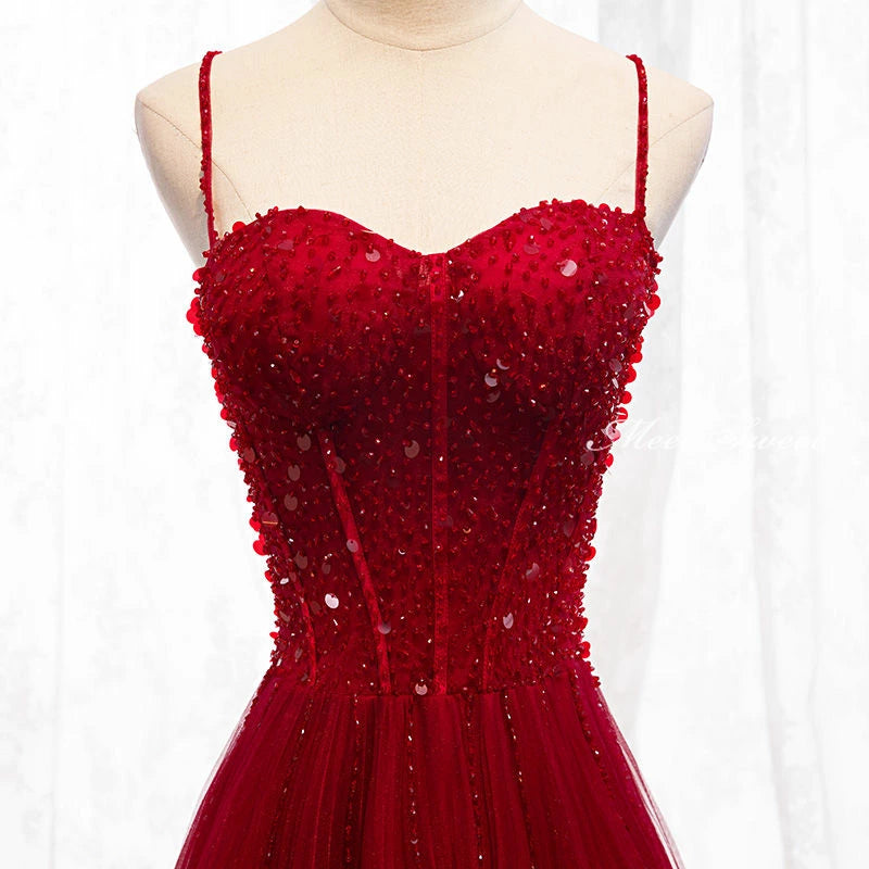 Straps Dark Red Beaded Sweetheart Long Formal Dress, Junior Prom Dress AB703