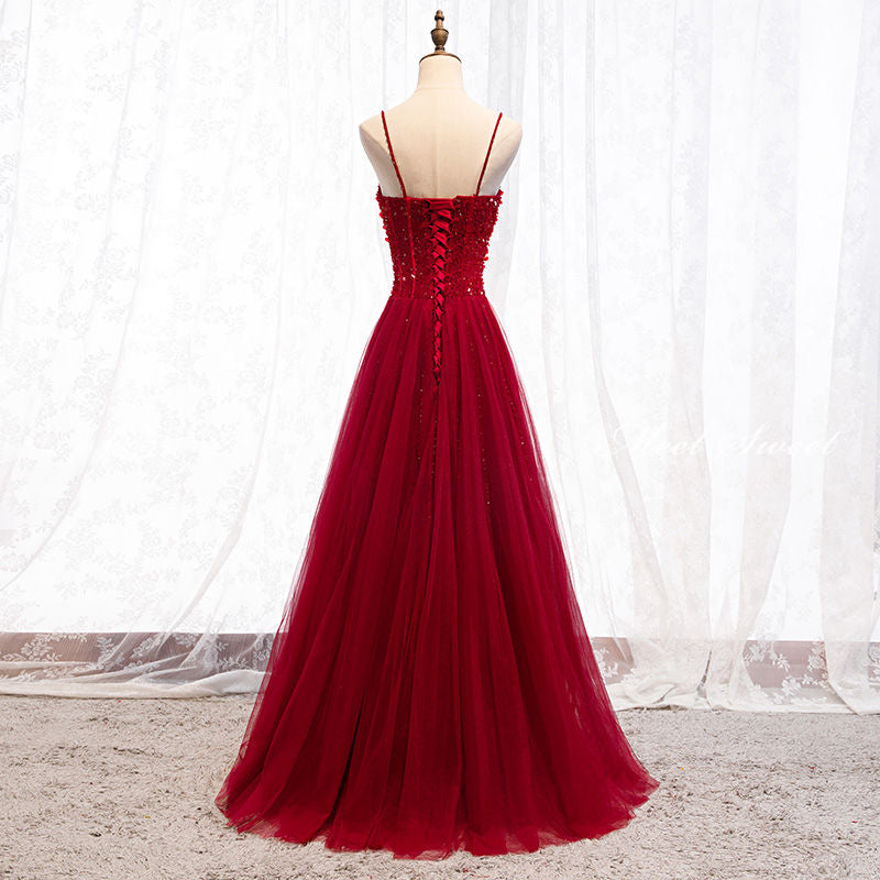 Straps Dark Red Beaded Sweetheart Long Formal Dress, Junior Prom Dress AB703