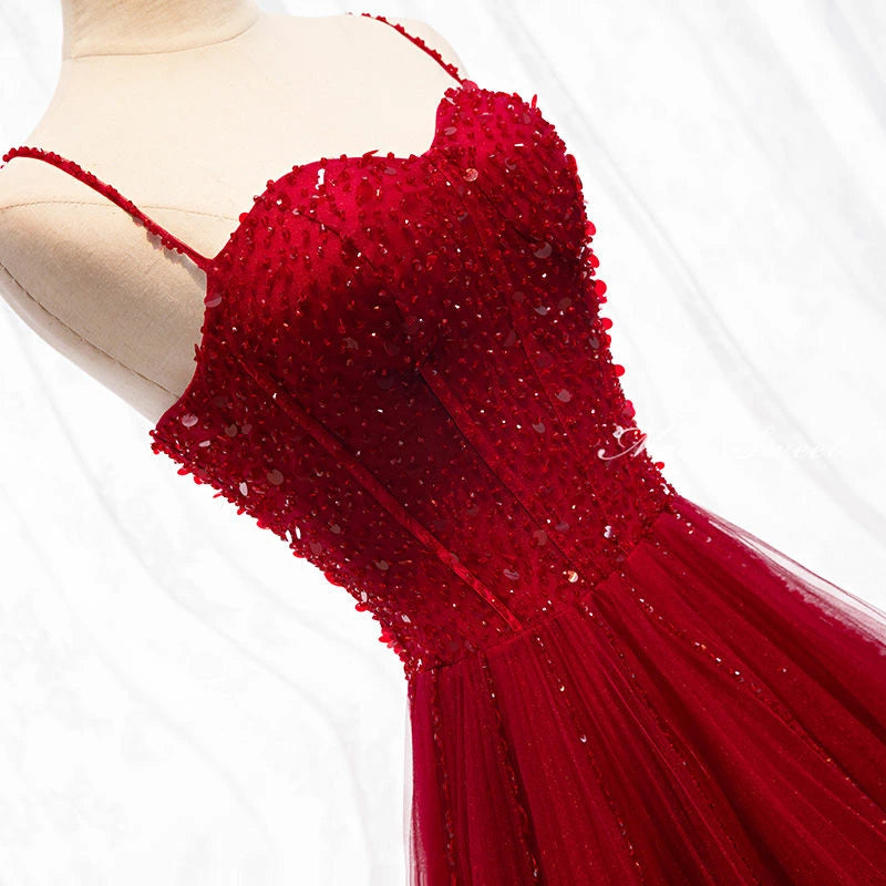 Straps Dark Red Beaded Sweetheart Long Formal Dress, Junior Prom Dress AB703