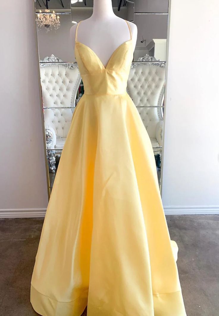 Einzigartiges, langes, hellgelbes Satin-Abendkleid mit Spaghettiträgern in A-Linie – Inspiration für formelle Abendgarderobe AB737
