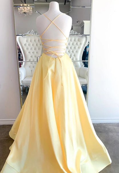 Einzigartiges, langes, hellgelbes Satin-Abendkleid mit Spaghettiträgern in A-Linie – Inspiration für formelle Abendgarderobe AB737