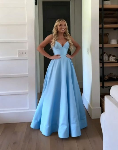 Einzigartiges, langes, hellgelbes Satin-Abendkleid mit Spaghettiträgern in A-Linie – Inspiration für formelle Abendgarderobe AB737