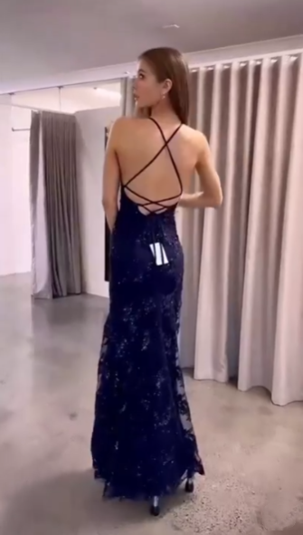Sparkly Mermaid Halter Navy Blue Lace Long Formal Gowns Prom Dresses Sequins Evening Dress AB744