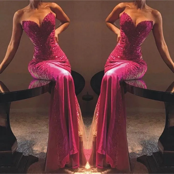 Robe de bal sirène rose fuchsia à décolleté cœur, robe longue de soirée en satin AB810