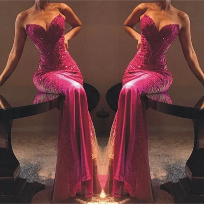 Robe de bal sirène rose fuchsia à décolleté cœur, robe longue de soirée en satin AB810