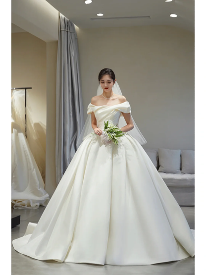 Princess Women's Wedding Dress for Bride Satin Brides Dress Ball Gown Off The Shoulder Wedding Gowns AB891