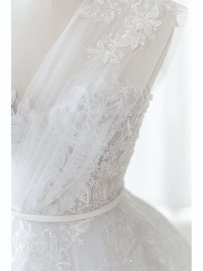 Simple Ball Gown Off The Shoulder Satin Lace White Fit And Flare Long Floor Length Pleats Wedding Dress AB1010