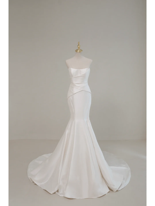 Timeless Mermaid Strapless White Satin Long Bride Dress Summer Simple Bride Dress Classy Wedding Dresses AB850