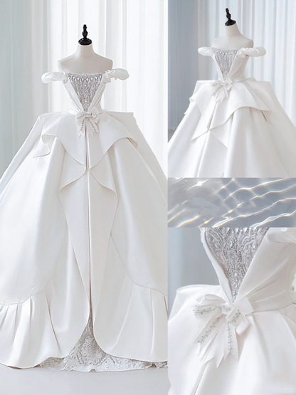 Simple Ball Gown Off The Shoulder Satin Lace White Fit And Flare Long Floor Length Pleats Wedding Dress AB1010