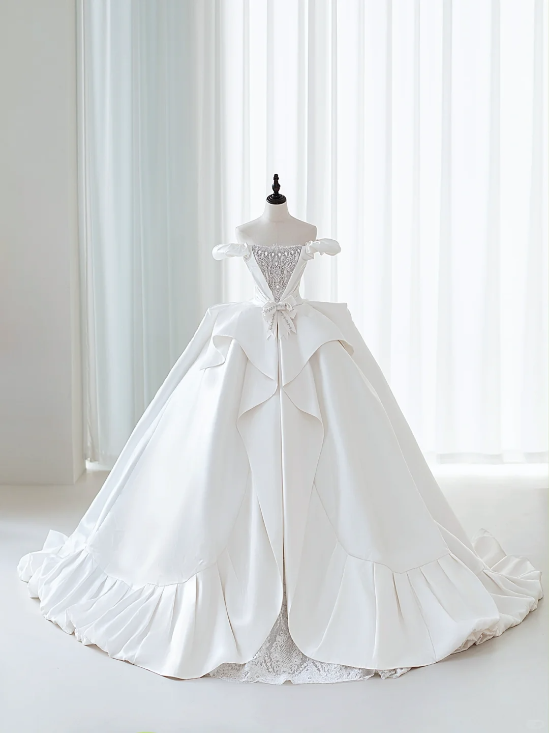 Simple Ball Gown Off The Shoulder Satin Lace White Fit And Flare Long Floor Length Pleats Wedding Dress AB1010