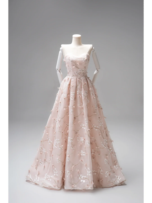 Niedliches, langes, rosafarbenes A-Linien-Abendkleid mit Herzausschnitt und Blumenmuster aus Tüll – perfekt für den 19. Geburtstag – Abiballkleid AB852