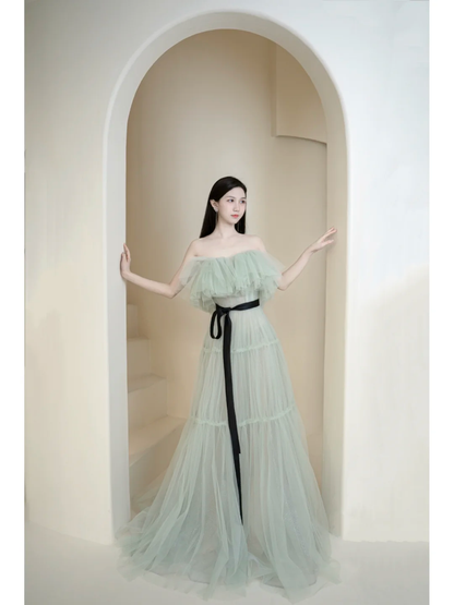 Cute Ball Gown Off The Shoulder Mint Green Tulle Long Prom Dresses Impress 18th Birthday Outfits Prom Gown AB858