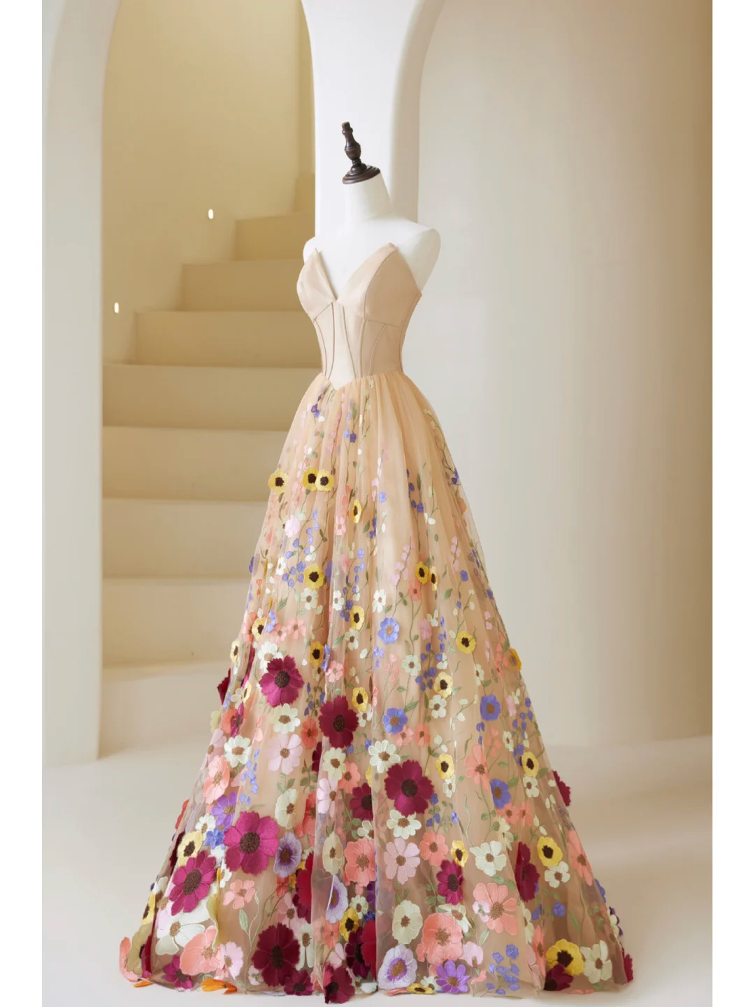 Cute Ball Gown Sweetheart Floral Tulle Champagne Long Prom Dresses Impress 19th Birthday Outfits Prom Gown AB859
