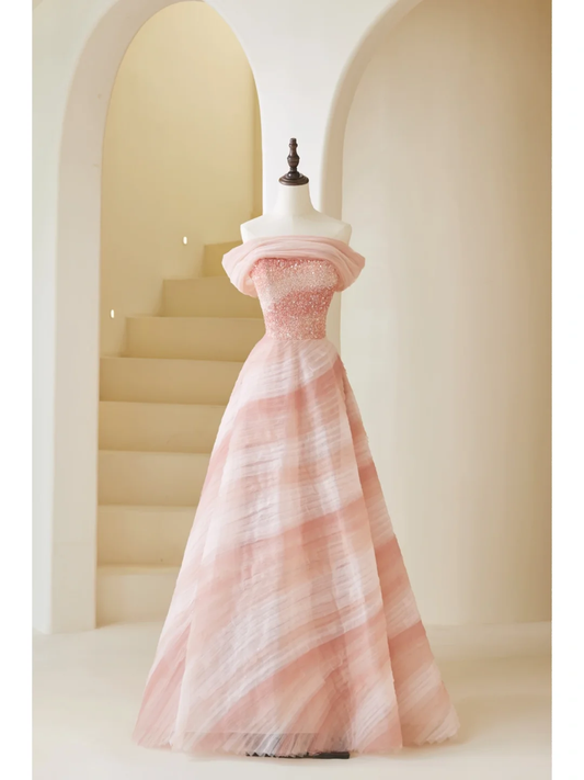 Elegant Ball Gown Strapless Pink Tulle Prom Dress Charming Evening Party Gowns Fashion Wedding Guest Dress AB1015