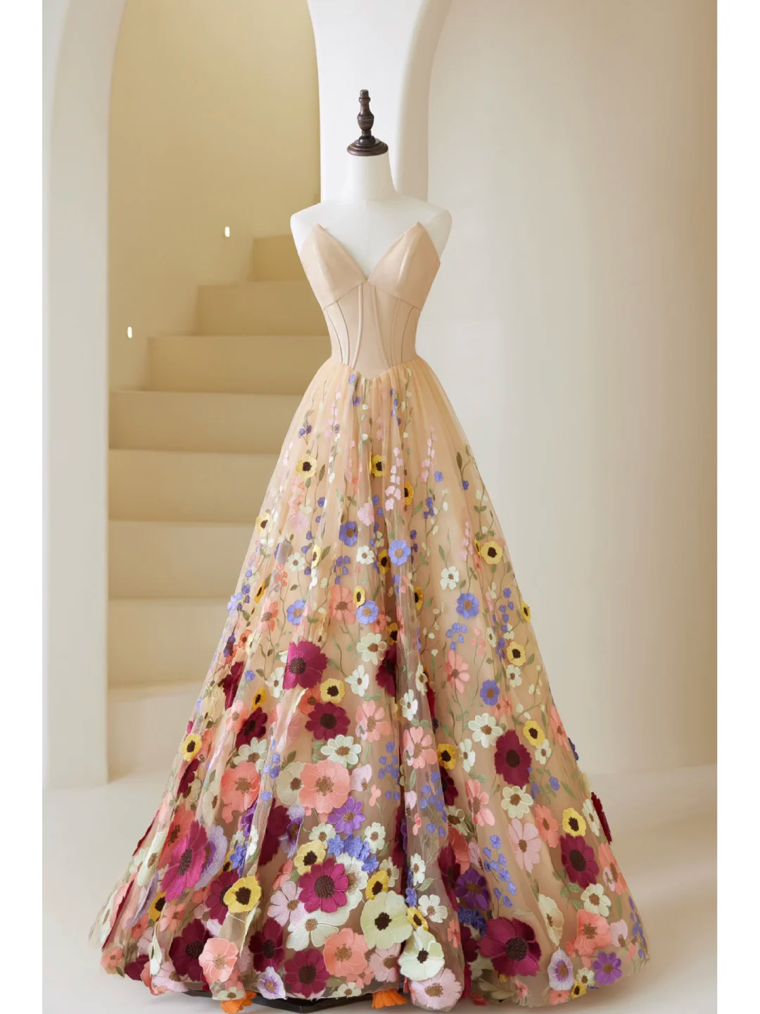 Cute Ball Gown Sweetheart Floral Tulle Champagne Long Prom Dresses Impress 19th Birthday Outfits Prom Gown AB859