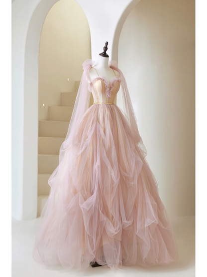 Niedliches Ballkleid mit Spaghettiträgern, hellrosa, plissiertem Tüll, langes Abendkleid für Teenager, formelles Kleid, Ballkleid AB852