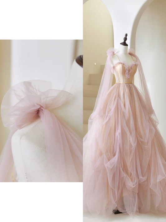 Cute Ball Gown Spaghetti Strap Light Pink Tulle Pleated Long Prom Dresses For Teens Formal Dress Formal Dress Prom Gown AB852