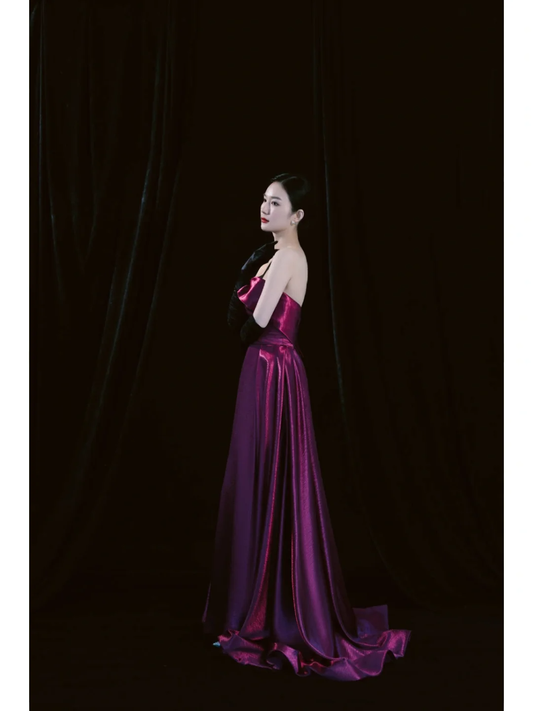 Simple A Line Strapless Grape Satin Long Prom Dresses Impress 18th Birthday Outfits Prom Gown AB890