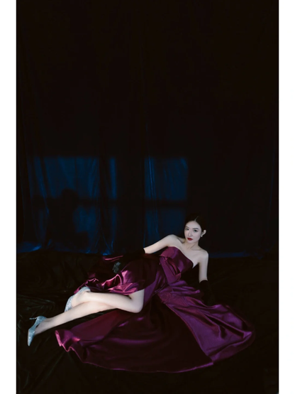 Simple A Line Strapless Grape Satin Long Prom Dresses Impress 18th Birthday Outfits Prom Gown AB890