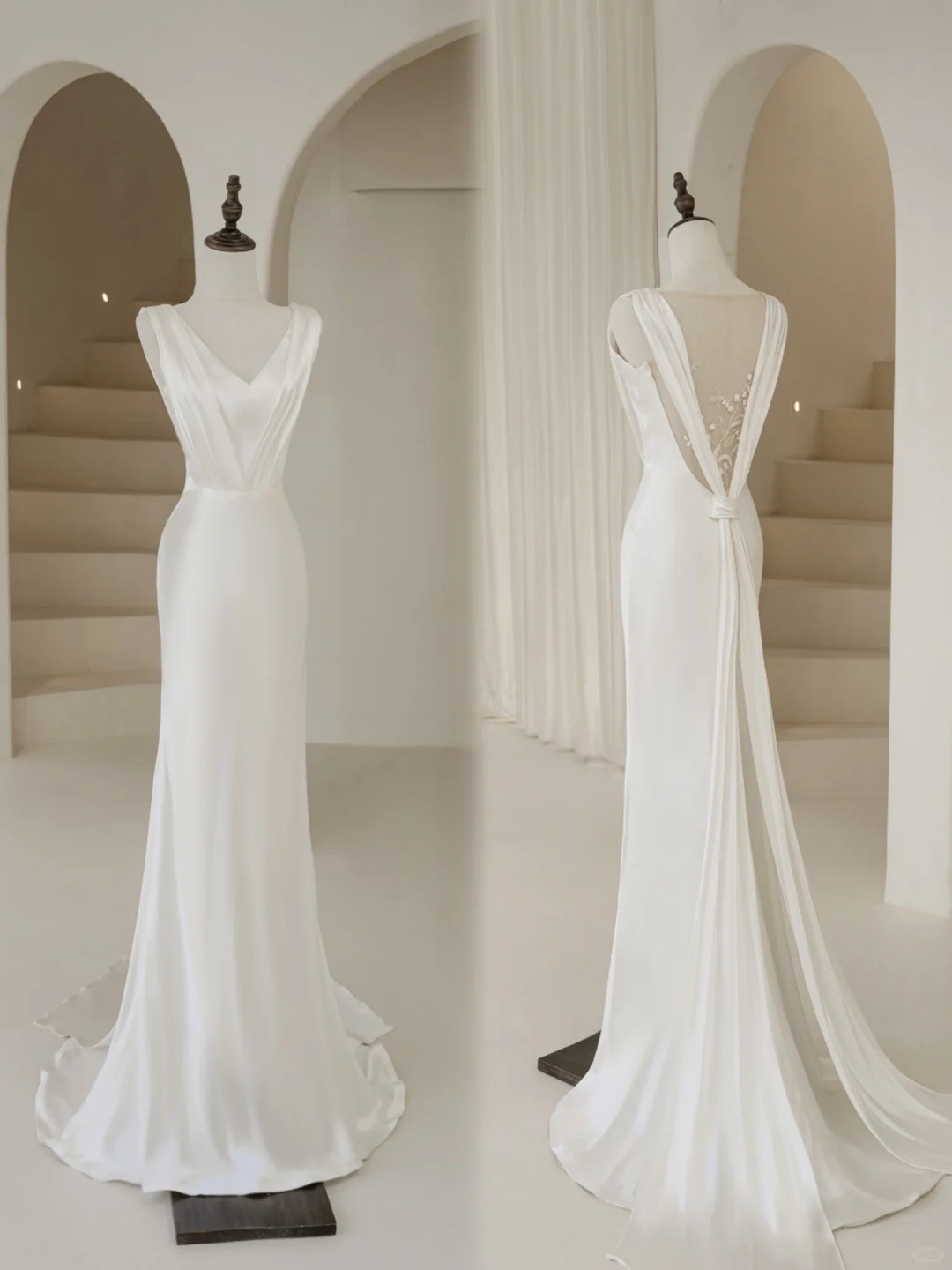 Timeless Mermaid V Neck White Satin Long Bride Dress Summer Simple Classy Wedding Dresses AB874