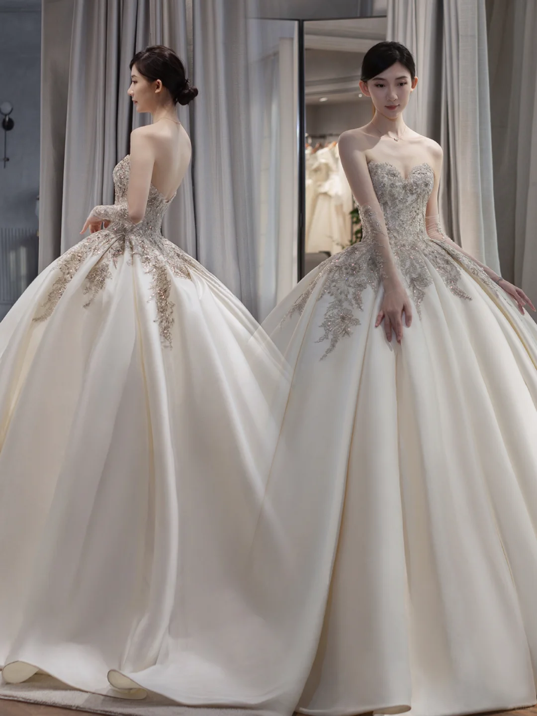 Zeitloses Brautkleid mit Handschuhen, Spitzenapplikationen, Abendkleid mit Herzausschnitt, Ballkleid AB875