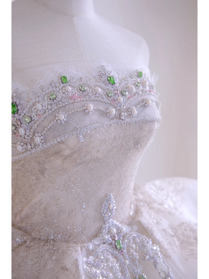 Timeless Women's Wedding Dress With Crystals Beads for Bride Lace Applique Bride Dress Strapless Ball Gowns AB876