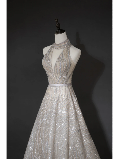 Timeless A line Women's Silver Wedding Dress With Sequin V Neck Bride Dress AB879