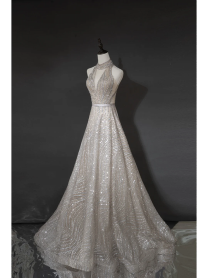 Timeless A line Women's Silver Wedding Dress With Sequin V Neck Bride Dress AB879