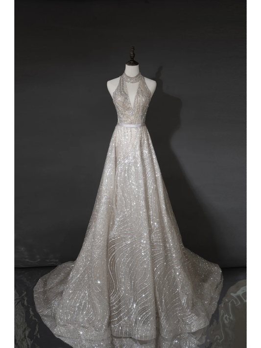 Timeless A line Women's Silver Wedding Dress With Sequin V Neck Bride Dress AB879