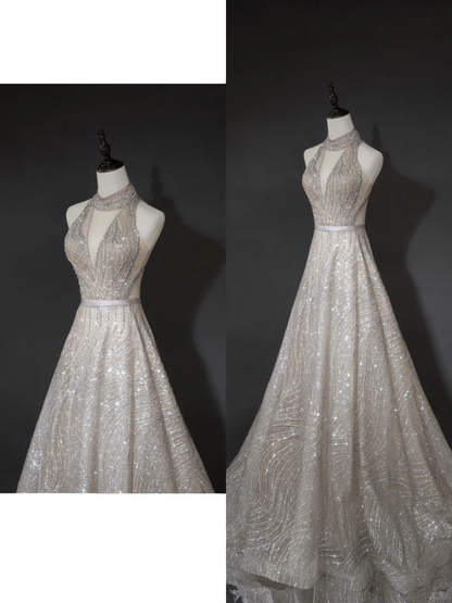 Timeless A line Women's Silver Wedding Dress With Sequin V Neck Bride Dress AB879