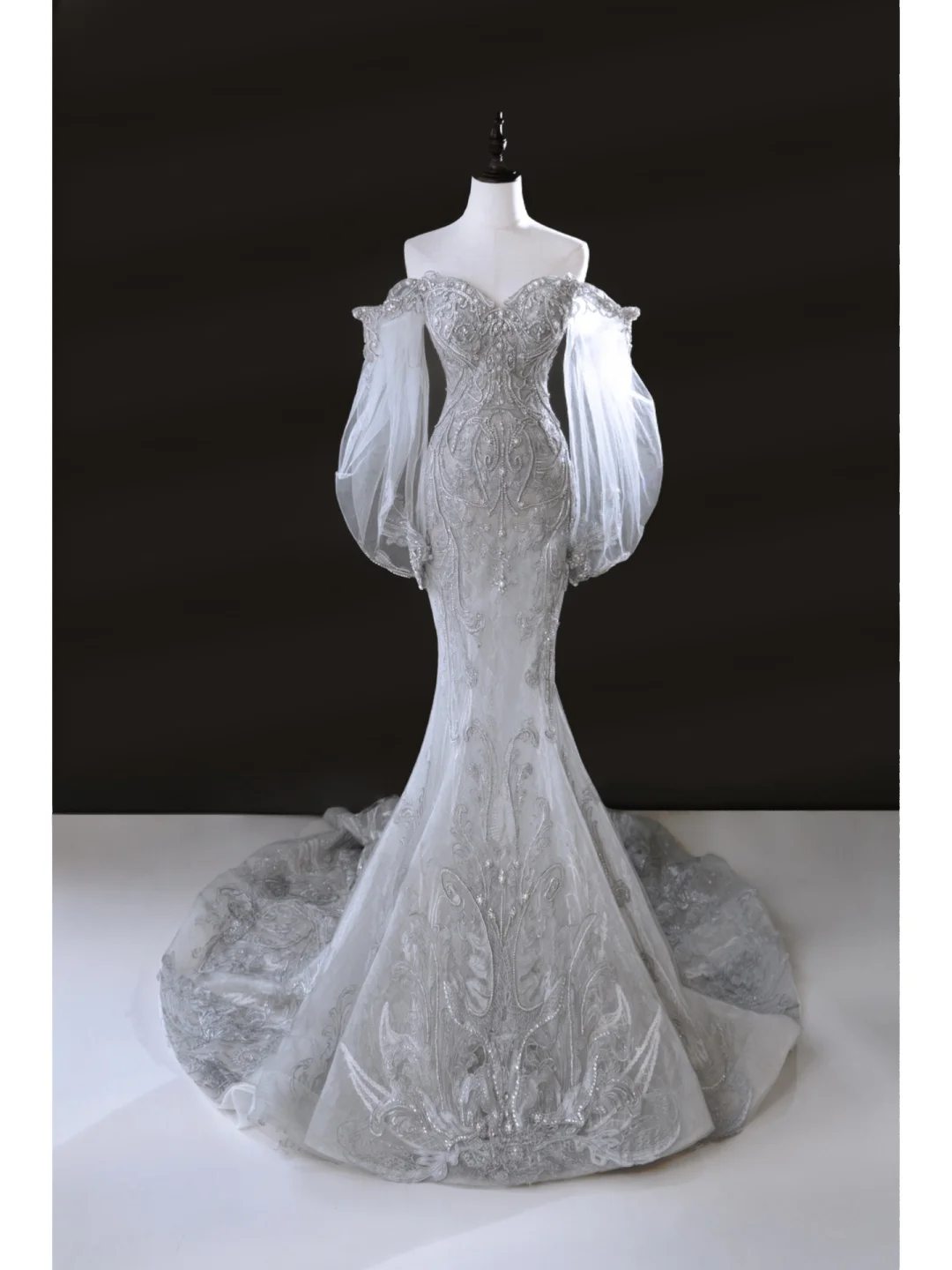 Sparkly Mermaid Off The Shoulder Women's Silver Wedding Dress With Sequin Lace Long Sleeves Bride Dress AB884