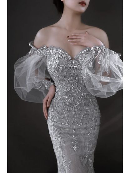 Sparkly Mermaid Off The Shoulder Women's Silver Wedding Dress With Sequin Lace Long Sleeves Bride Dress AB884