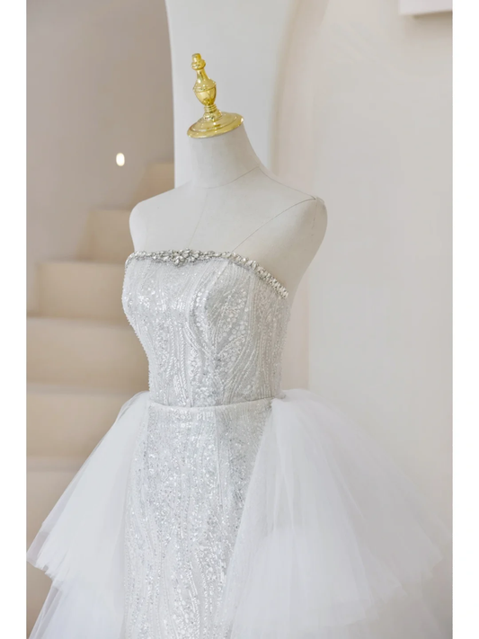 Sparkly Mermaid Strapless Women's Silver Wedding Dress With Sequin Slit Long Bride Dress AB885