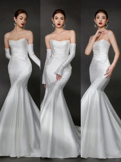 Ärmelloses Brautkleid mit V-Ausschnitt, bodenlang, Meerjungfrauen-Stil, mit Handschuhen, weiß, AB887
