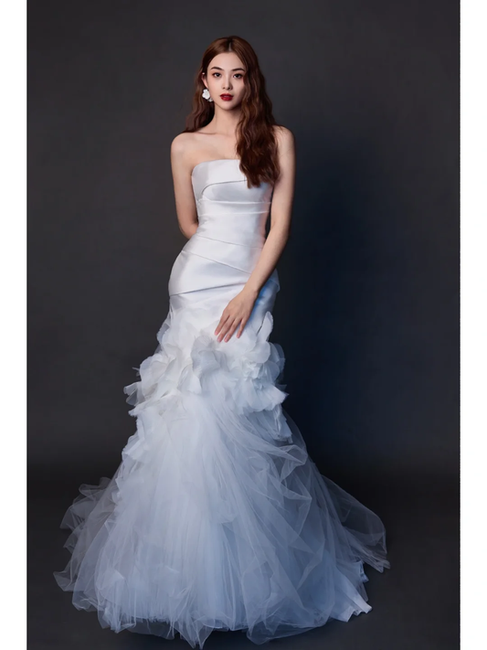 Women’s Strapless Sleeveless Bridal Wedding Dress With Pleated Floor Length Mermaid Gown for Bride AB888