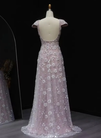 Elegantes, rückenfreies, kurzärmeliges A-Linien-Abendkleid mit Blumenmuster, Modell AB920