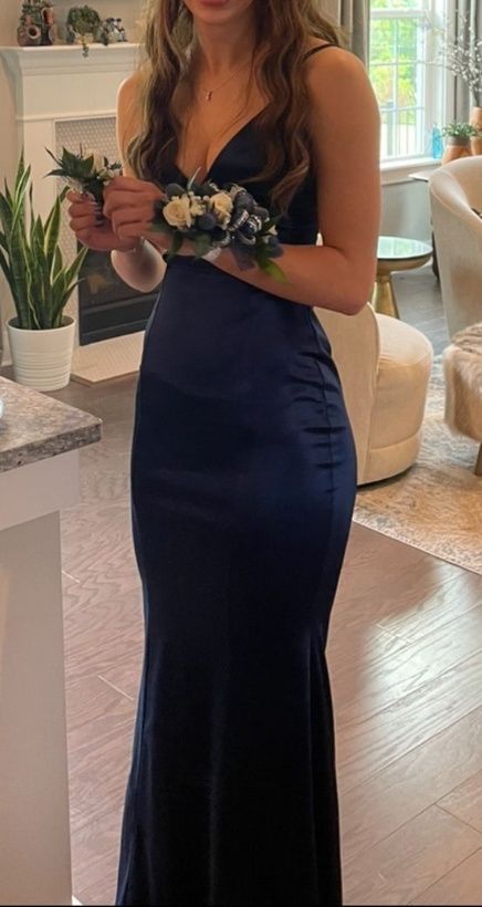 Sexy Mermaid Spaghetti Straps Sleeveless Navy Blue Long Formal Dresses Satin Prom Dress AB948