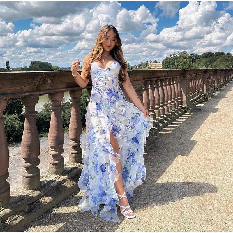 Mermaid Prom Dresses Spaghetti Straps Sexy Special Dress Blue Floral Party Gowns AB991