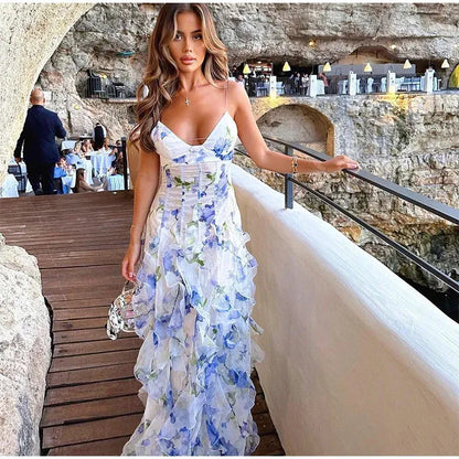 Sexy Meerjungfrauen-Abendkleider mit Spaghettiträgern, langem rückenfreiem Design, blau-floral, AB2196