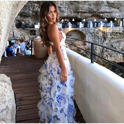 Sexy Meerjungfrauen-Abendkleider mit Spaghettiträgern, langem rückenfreiem Design, blau-floral, AB2196