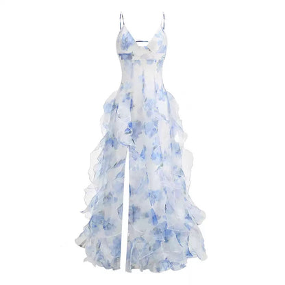 Sexy Meerjungfrauen-Abendkleider mit Spaghettiträgern, langem rückenfreiem Design, blau-floral, AB2196