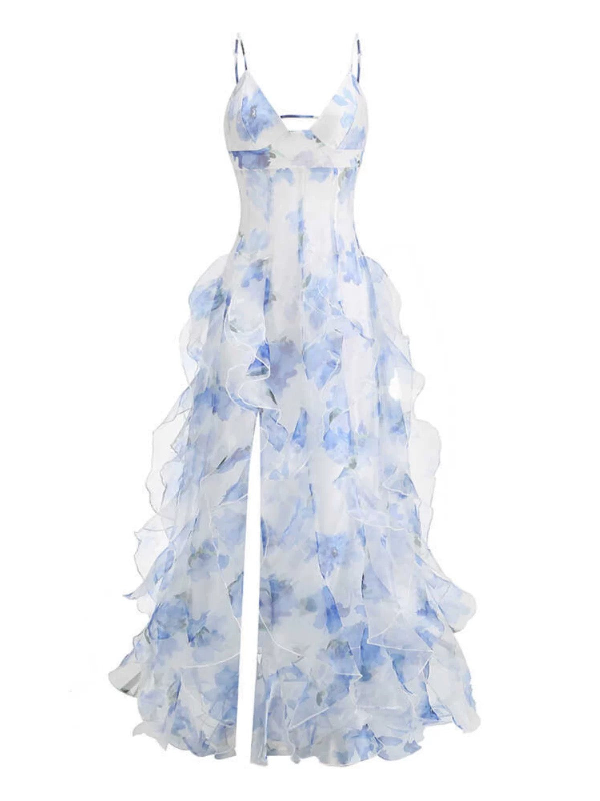 Sexy Meerjungfrauen-Abendkleider mit Spaghettiträgern, langem rückenfreiem Design, blau-floral, AB2196
