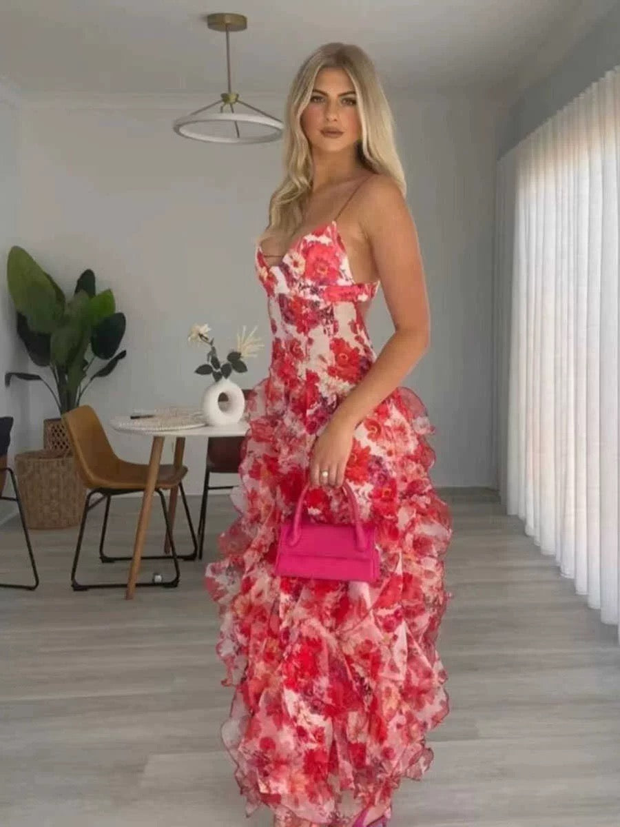Sexy Meerjungfrauen-Abendkleider mit Spaghettiträgern, langem rückenfreiem Design, blau-floral, AB2196