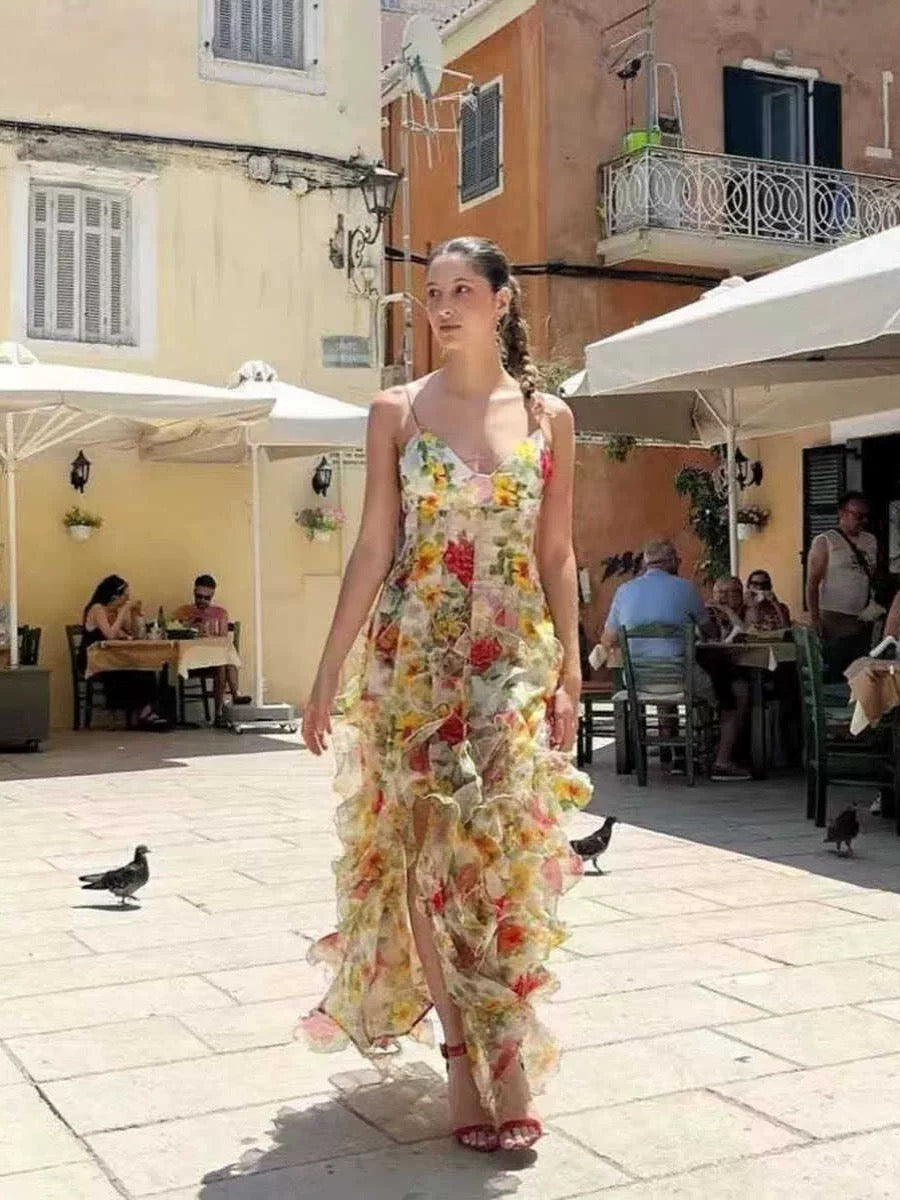 Sexy Meerjungfrauen-Abendkleider mit Spaghettiträgern, langem rückenfreiem Design, blau-floral, AB2196